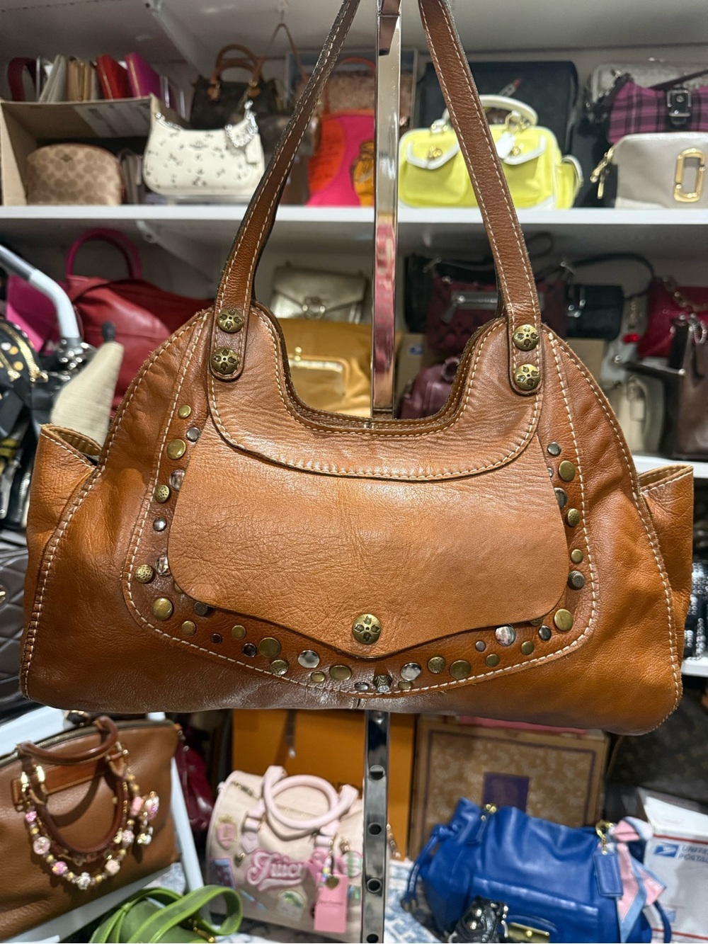 Patricia Nash Studded Leather Shoulder Bag in Cognac Brown